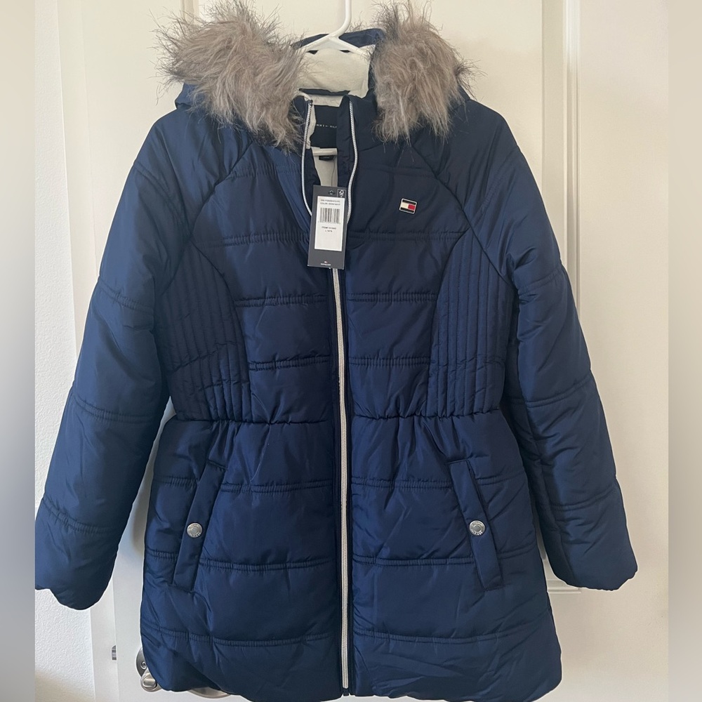 Tommy Hilfiger Dark Blue Puffer Jacket with Faux Fur Trim